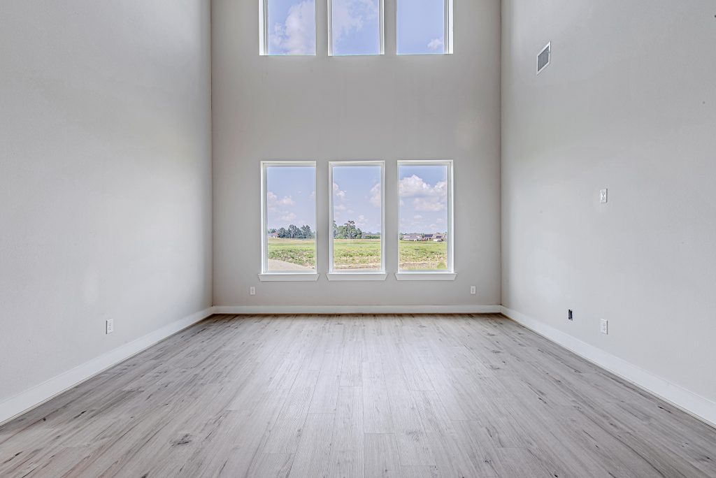 A bright, empty room with tall white walls, light wood flooring, and large windows letting in natural light and offering a view of a grassy field and blue sky.