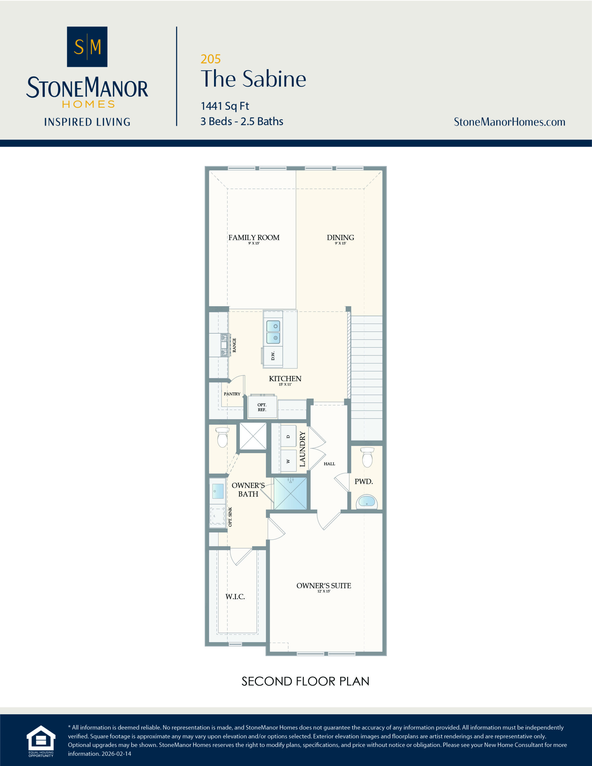 Floor plan for The Sabine by StoneManor Homes, showing a second floor layout with a family room, dining area, kitchen, pantry, powder room, owners suite, bathroom, and walk-in closet.