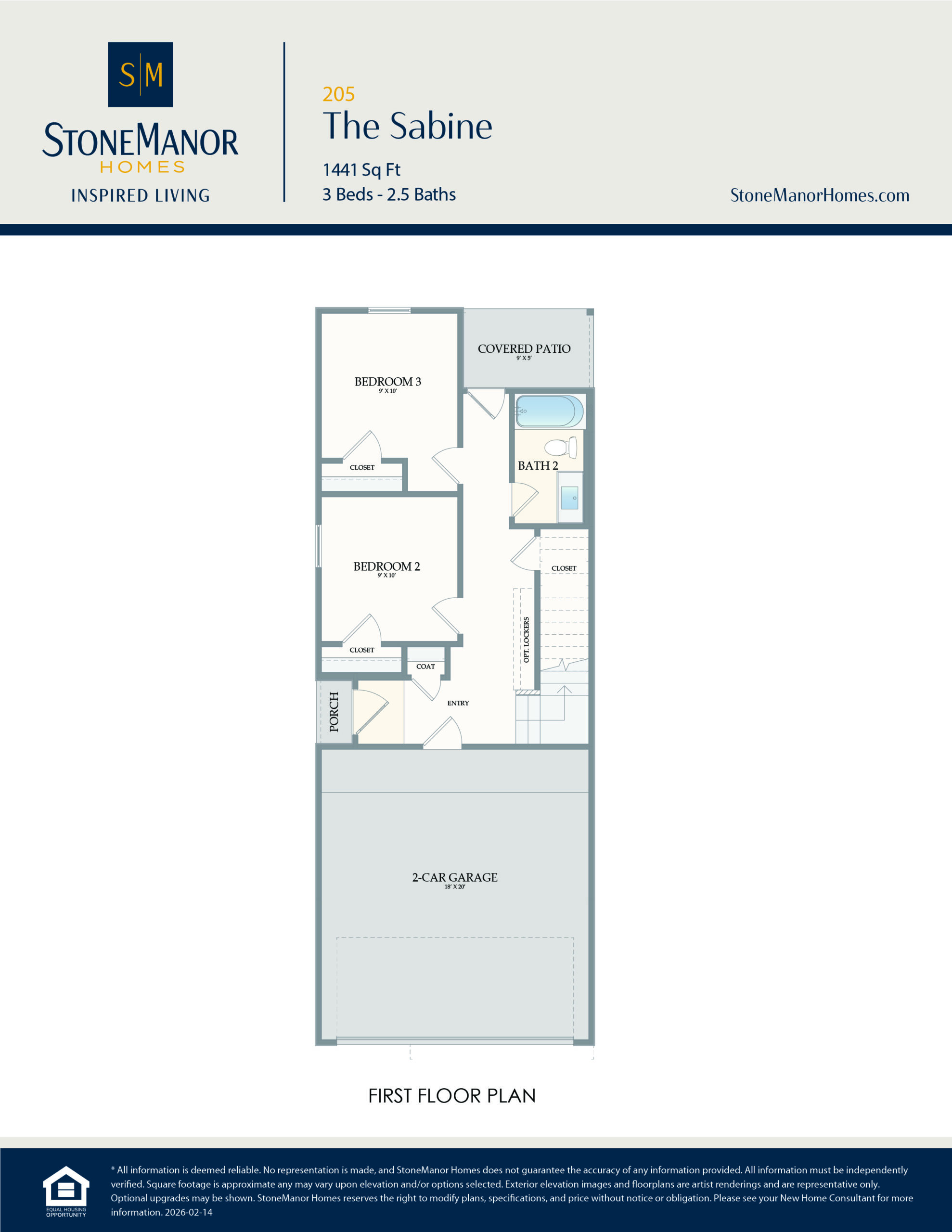 Floor plan for The Sabine by StoneManor Homes, showing a three-car garage, two bedrooms, a bathroom, laundry room, closet, and a covered patio. The garage is at the bottom; bedrooms and patio are at the top.
