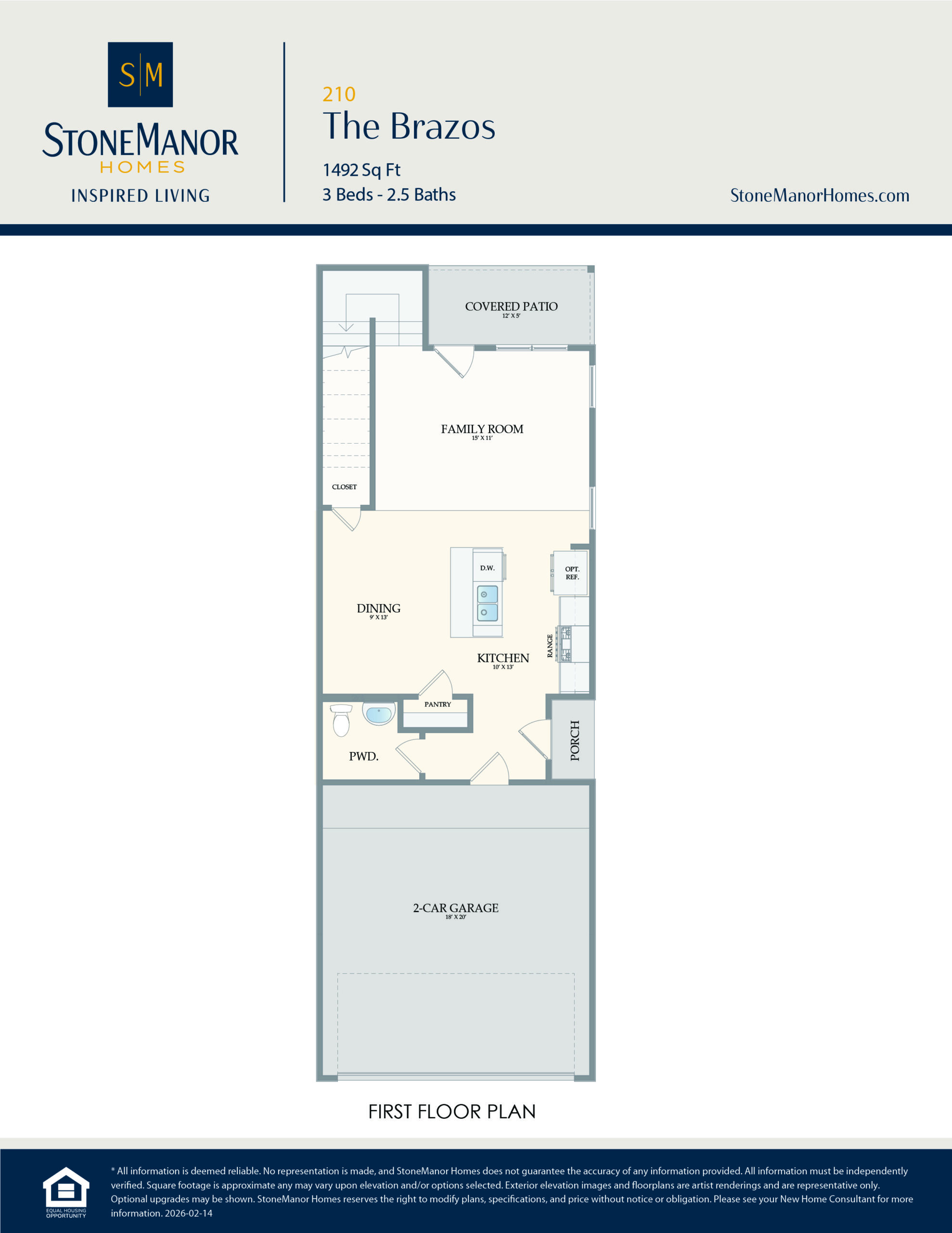 First floor plan for The Brazos home showing a 2-car garage, kitchen, dining area, family room, half bath, closet, pantry, covered patio, and entryway. StoneManor Homes branding is at the top of the image.