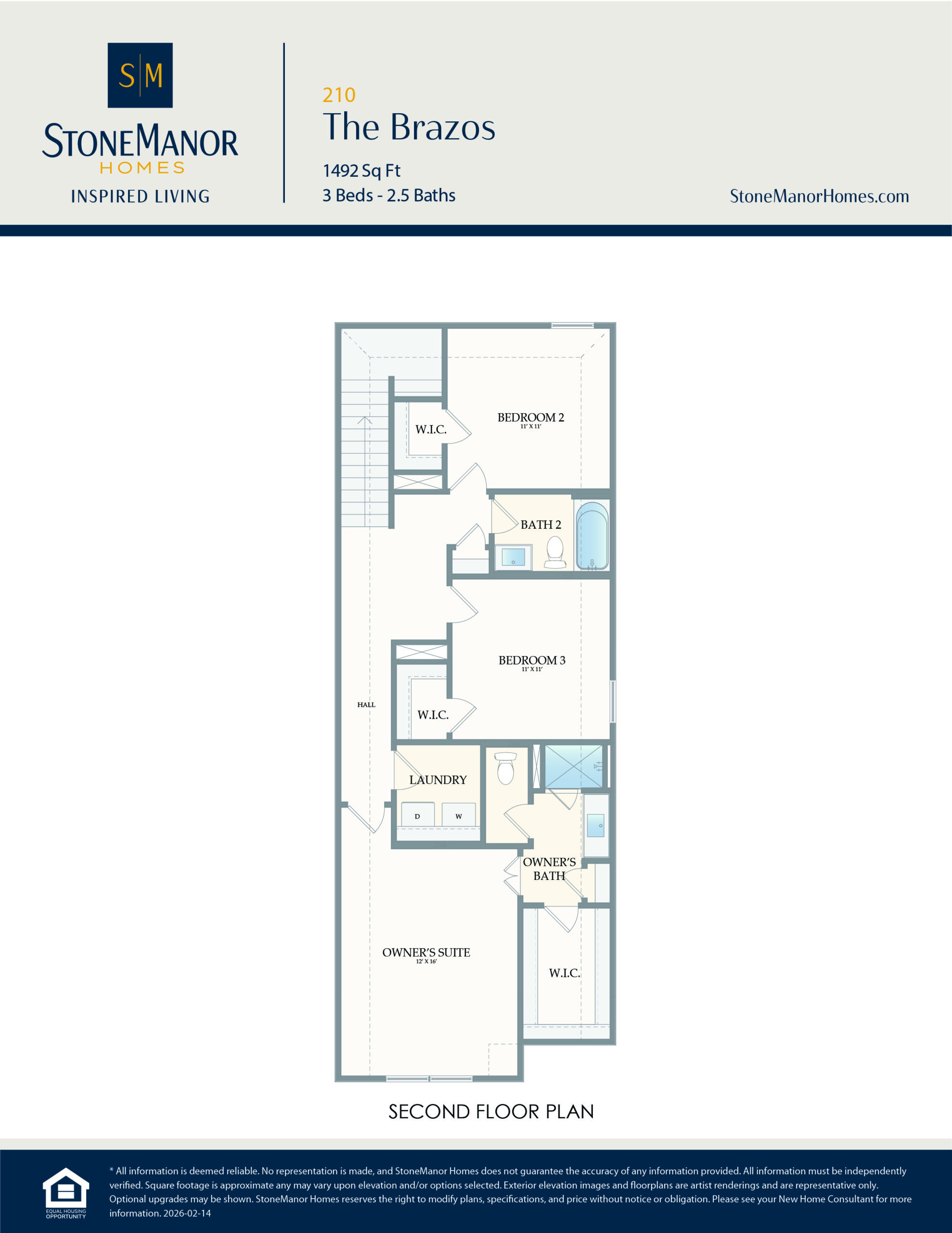 Second floor plan of a house showing three bedrooms, two bathrooms, a laundry room, and walk-in closets. The owners suite has an ensuite bath and large closet. Room labels and dimensions are included. StoneManor Homes branding is at the top.