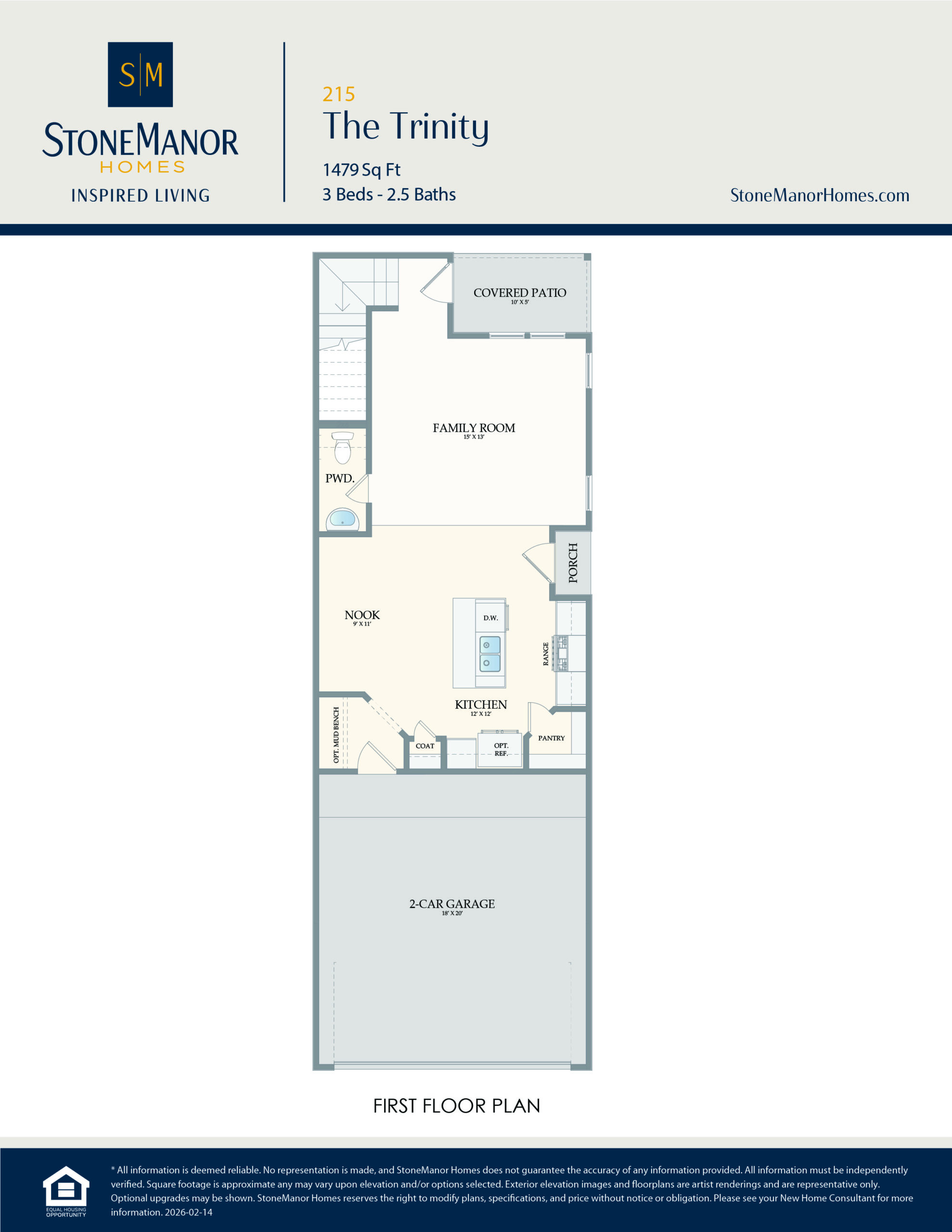 First floor plan layout for a home named The Trinity by StoneManor Homes, showing a 2-car garage, kitchen, nook, pantry, family room, powder room, and covered patio. Text and labels are clear on the image.