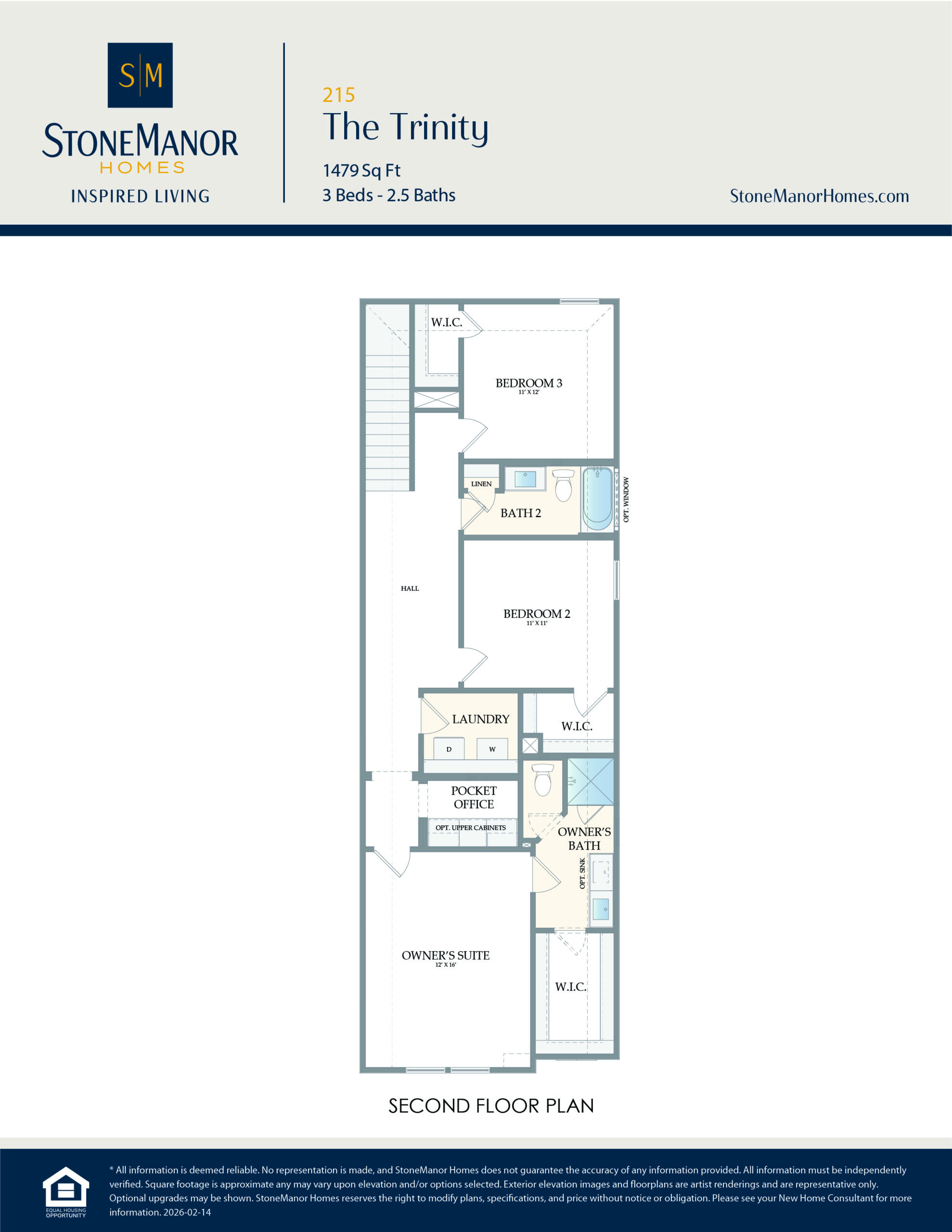 Second floor plan of a house layout with three bedrooms, two and a half bathrooms, laundry, pocket office, walk-in closets, and owners suite, labeled with room names and dimensions. StoneManor Homes branding at the top.