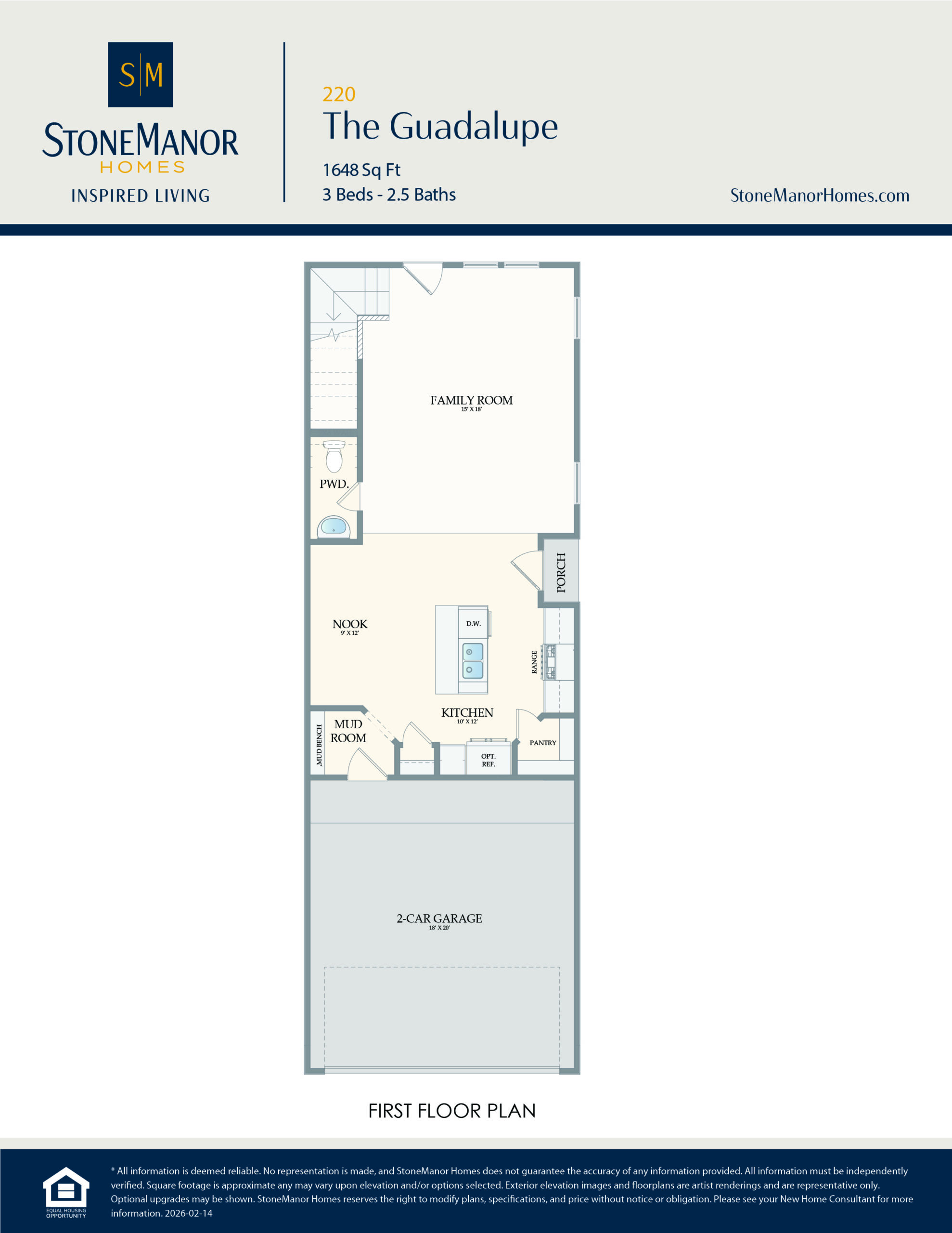 First floor plan for The Guadalupe home, showing a 2-car garage, kitchen with island, nook, powder room, and a large family room. Stairs to the upper floor are near the garage entrance.