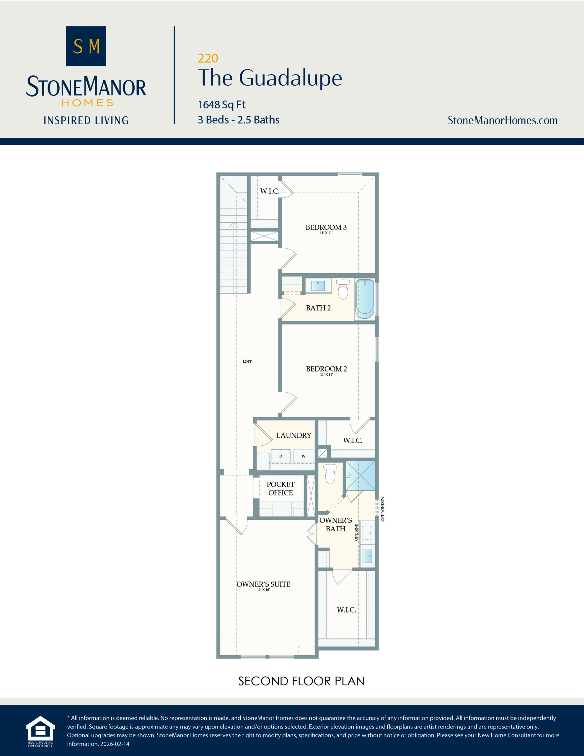 Second floor plan for The Guadalupe house, showing three bedrooms, two bathrooms, a laundry room, pocket office, linen closet, and walk-in closets. The owners suite and bath are on one end, with two bedrooms and a shared bath on the other.
